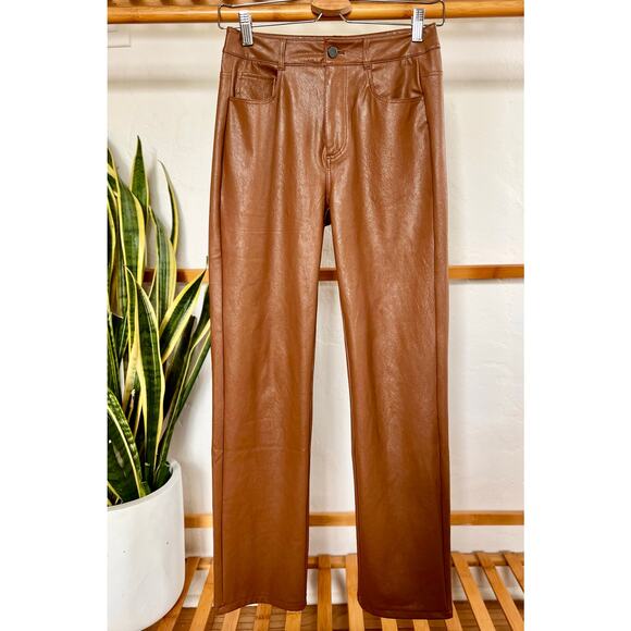 Paige Stella Super High Waist Straight Leg Faux Leather Pants Dark Argan - Picture 1 of 8